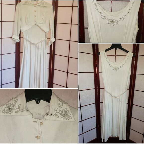 VNTG 50's White Embellished Dress - Picture 1 of 16